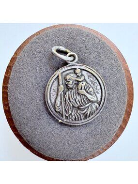 Saint Christopher Circle Pendant VTG Silver Tone Size 1" Length